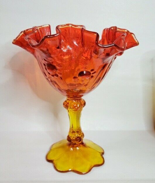 Vintage Fenton Colonial Rose Amberina Art Glass Ruffle Compote/Candy Dish Glows