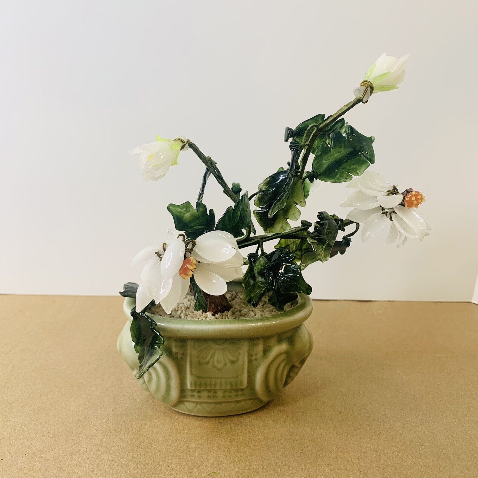 Vintage Small Chinese Jade Quartz Stone Glass Bonsai Tree Celadon Pot