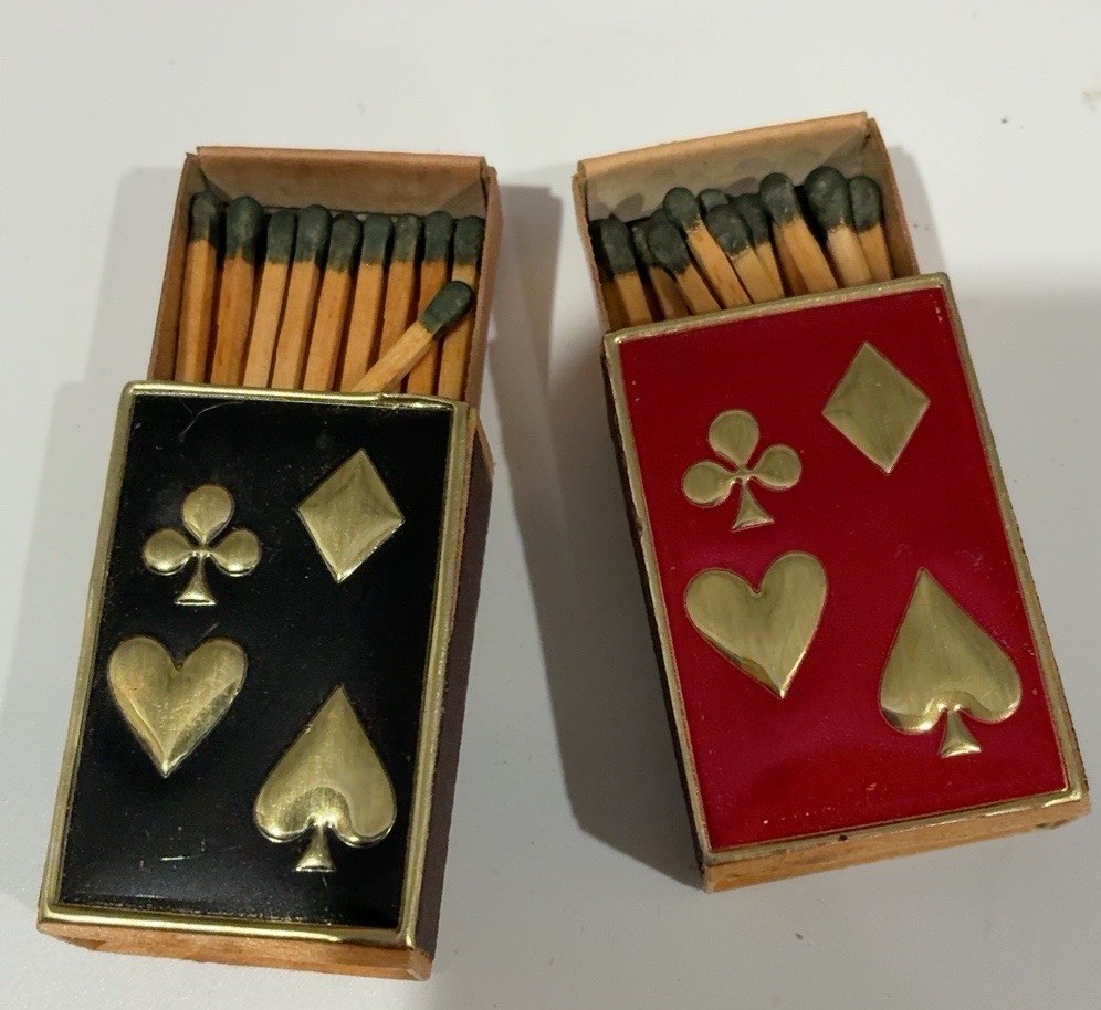 Vintage Swedish Mini Matchboxes Lot of 2 Playing Card Suits Red Black Sweden