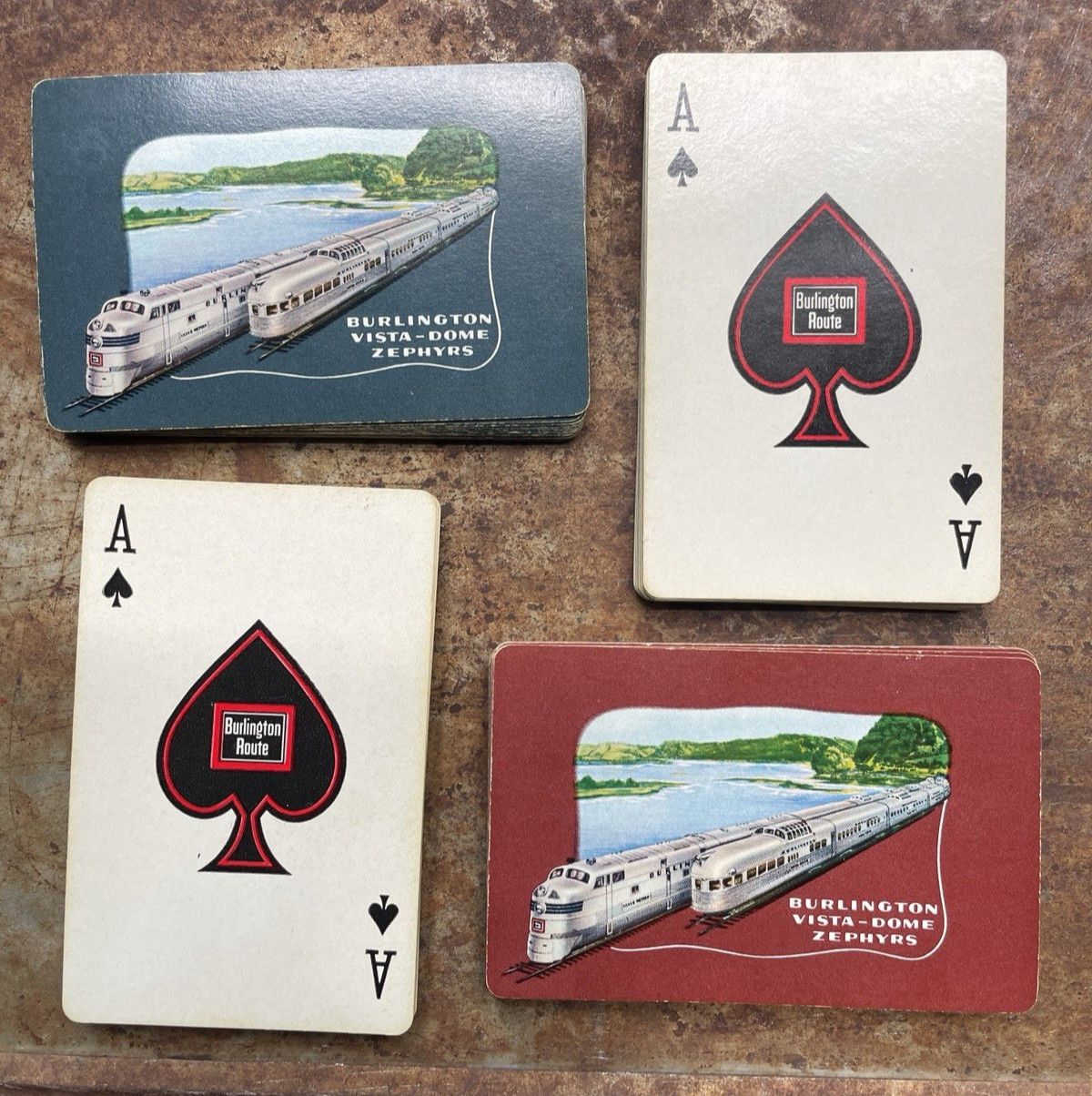 Vintage 2 Deck Set Burlington Railroad Vista Dome Zephyrs Playing Cards c1951