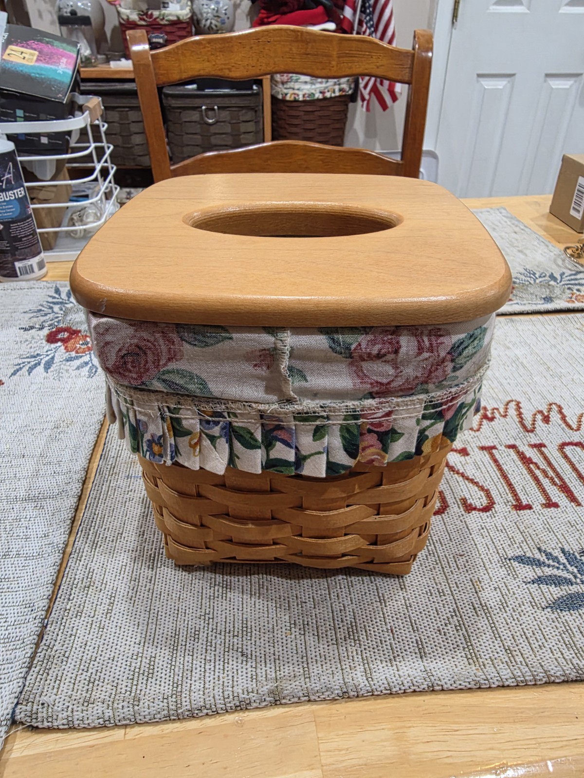 Longaberger 1991 Handwoven Tissue Basket w/ Woodcrafts Lid, Protector, & Liner Longaberger 1991 Handwoven Tissue Basket w/ Woodcrafts Lid, Protector, & Liner