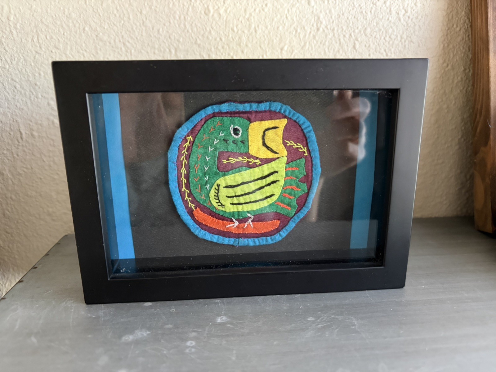 Vintage Kuna Mola Textile Art San Blas Panama Bird Patch Framed Glass 6.5”x4.5”