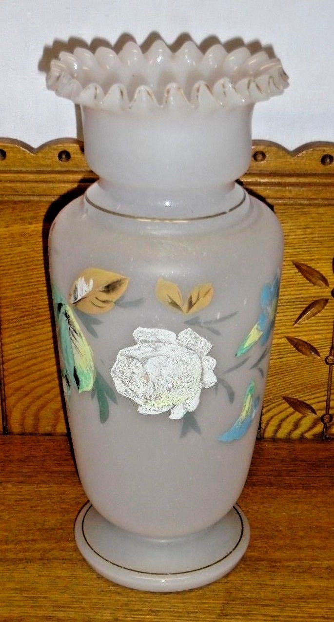Worn Vintage Hand Painted Floral White Bristol Glass Vase - 11 3/8 Worn Vintage Hand Painted Floral White Bristol Glass Vase - 11 3/8