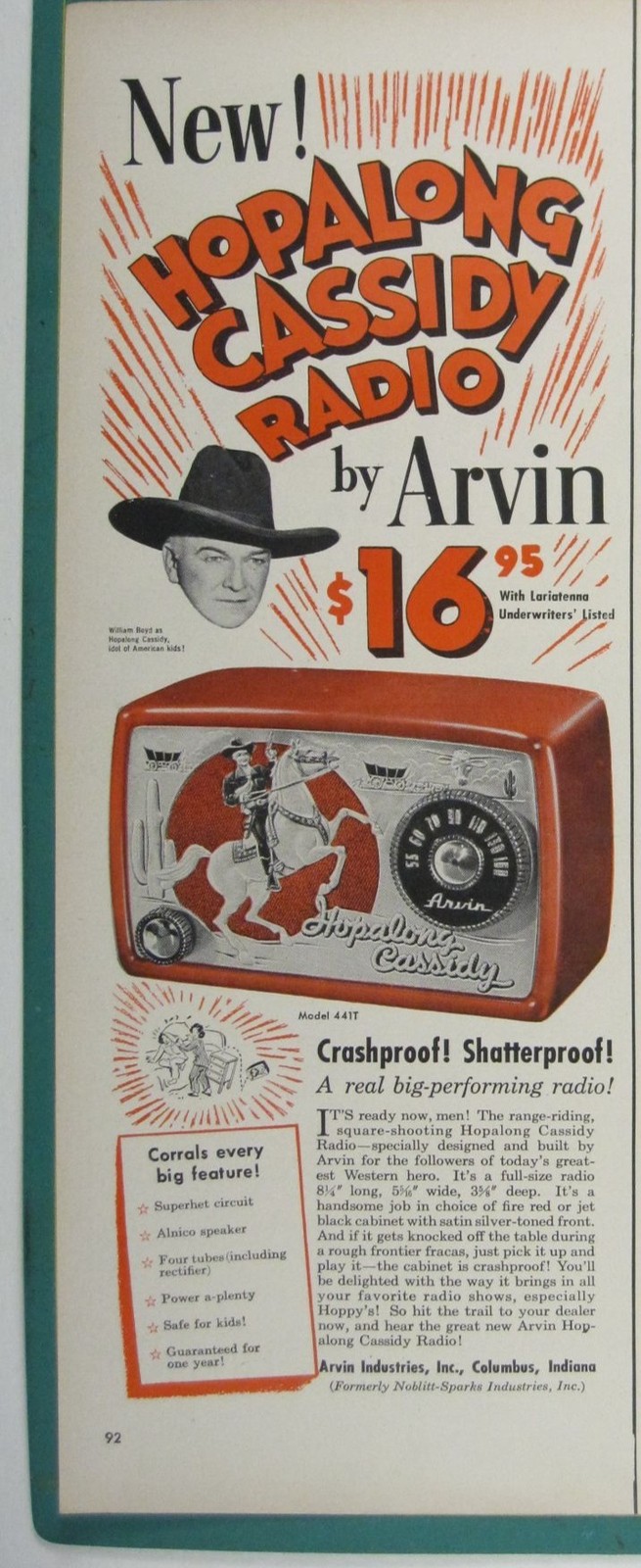 Print Ad Hopalong Cassidy Radio Arvin Vintage 1950s ADVERT