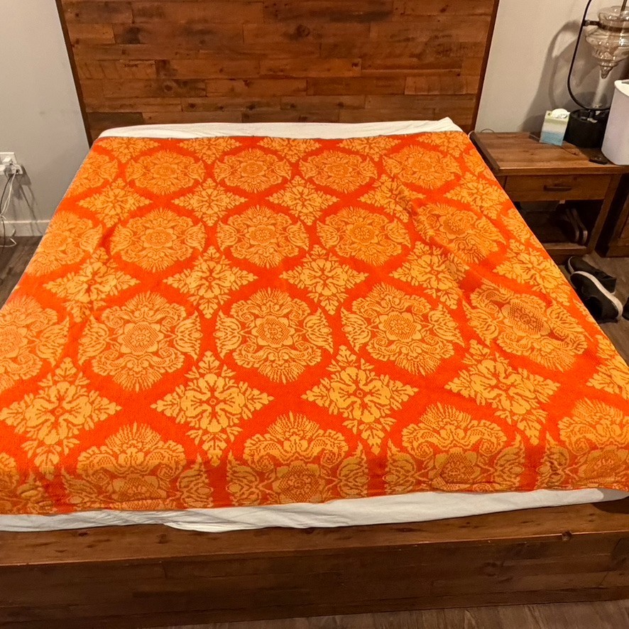 VTG 1960s FRINGED Floral Flower Tapestry Bedspread MCM Retro Boho Queen Blanket