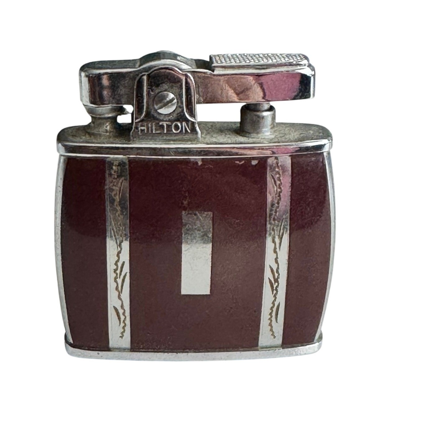VTG Hilton Automatic Pocket Lighter Dark Burgundy Enamel Silver Tone NICE READ