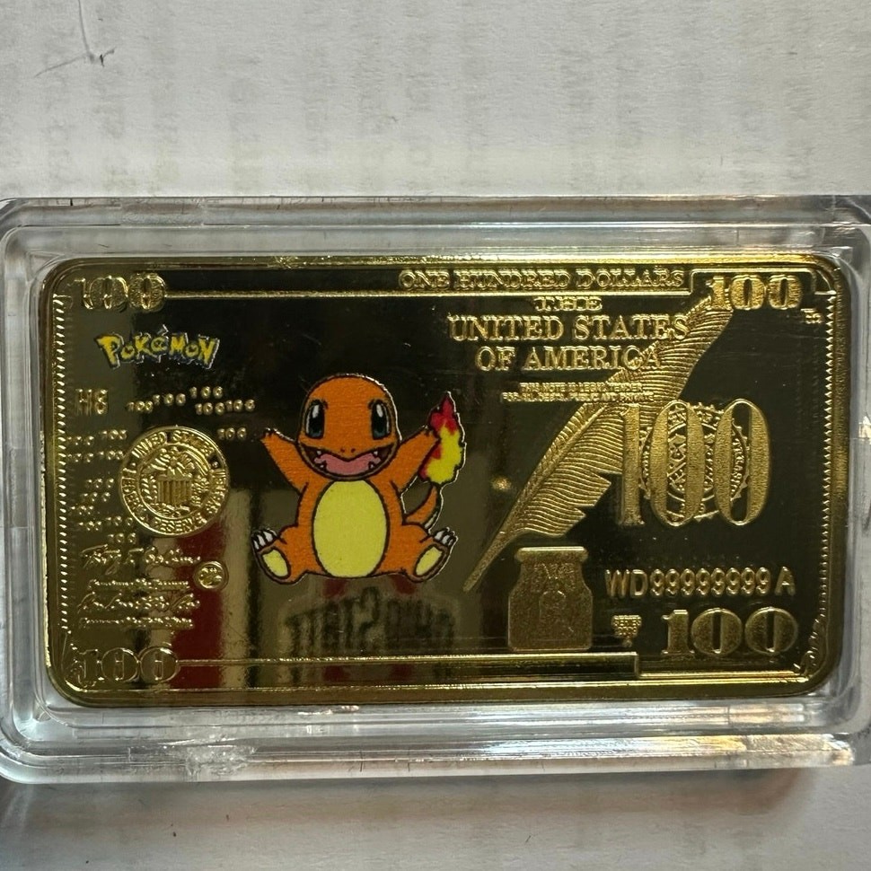 Pokemon Charmander Gold Tone 100 Dollar Bill Collectible Bar With Case