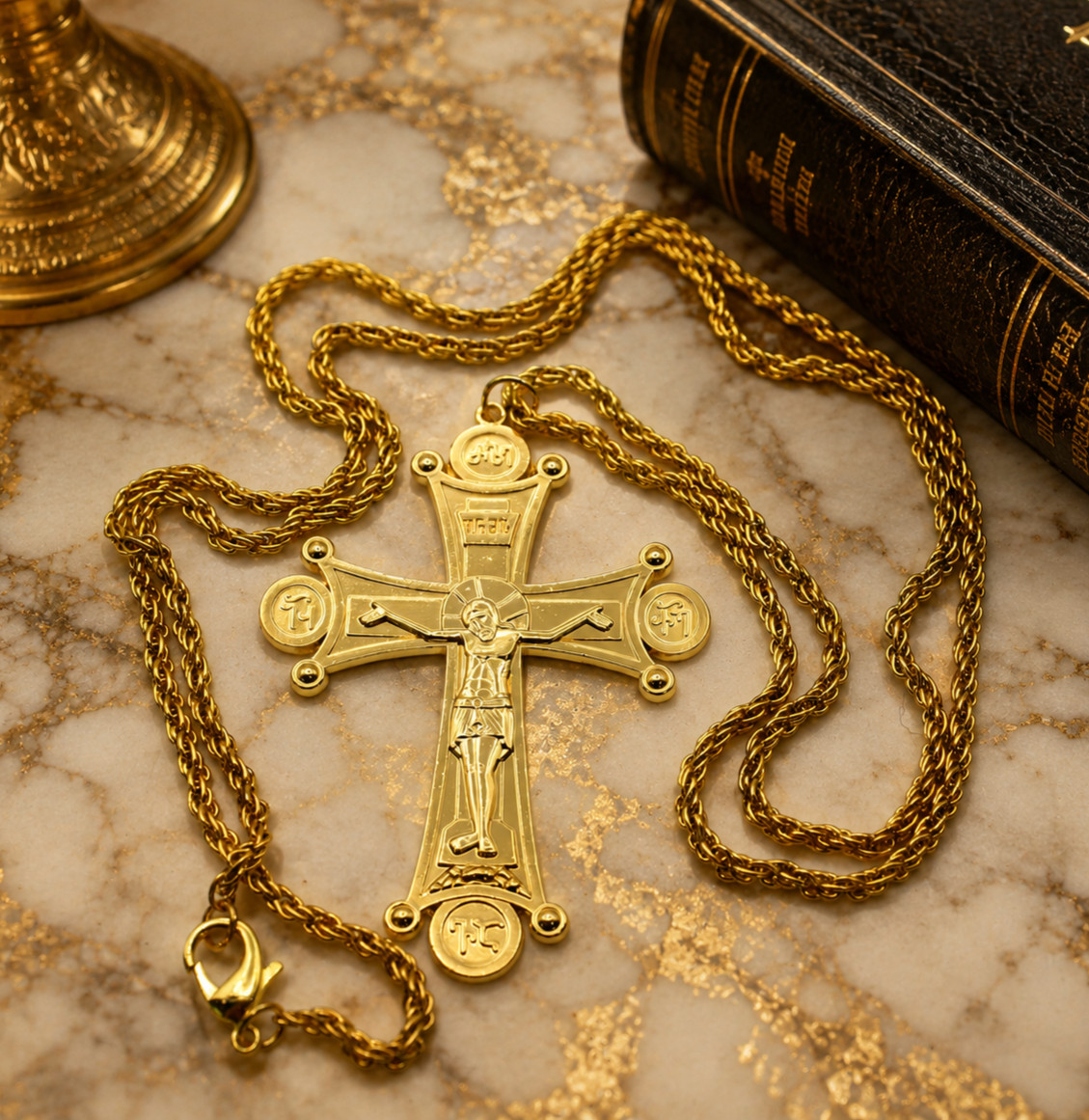 24KT Gold Plated Brass Pectoral Bishop's Cross Pendant with 48 7/8 24KT Gold Plated Brass Pectoral Bishop's Cross Pendant with 48 7/8