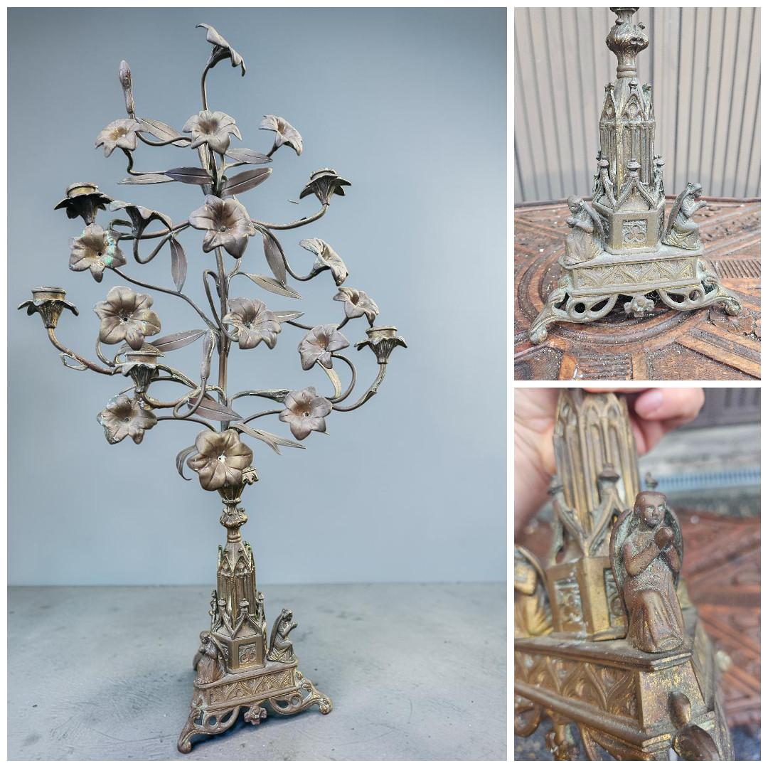 Antique Large bronze neo gothic candelabra praying angels FLoral decor Antique Large bronze neo gothic candelabra praying angels FLoral decor