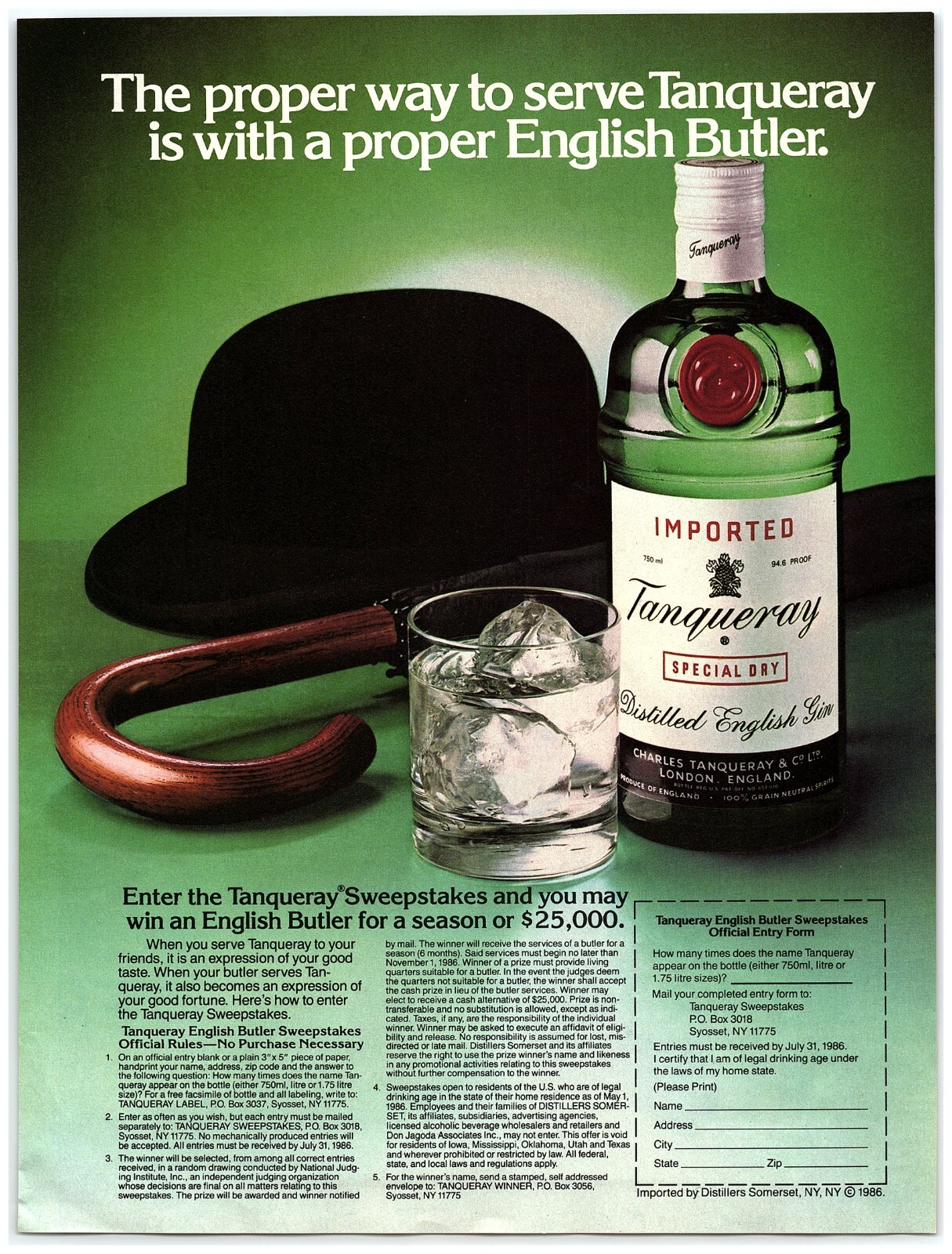 1986 Tanqueray Dry Gin Print Ad Proper English Butler  Sweepstakes Hat Umbrella