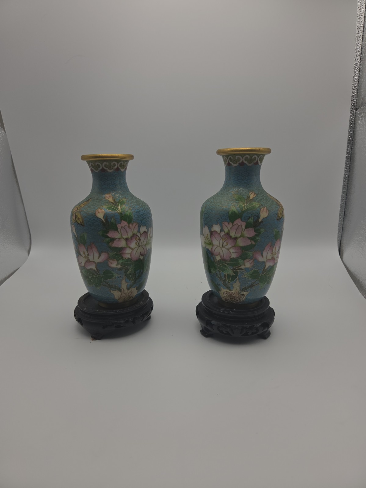 Vintage Chinese Blue Cloisonne Pair of Vases w/ Floral Decoration on Wood Stands