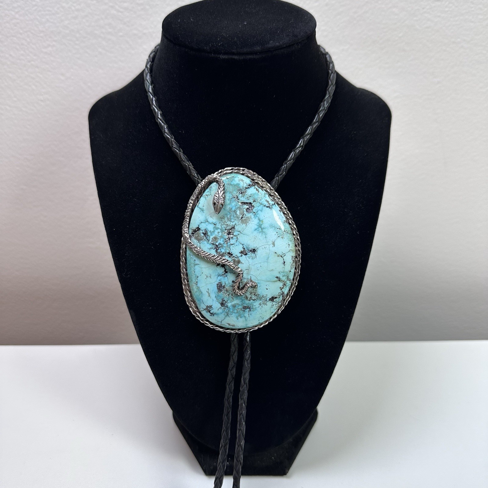 Vintage Artist Signed Sterling Silver Turquoise Bolo Tie Snake 2.25” X 3” 100g