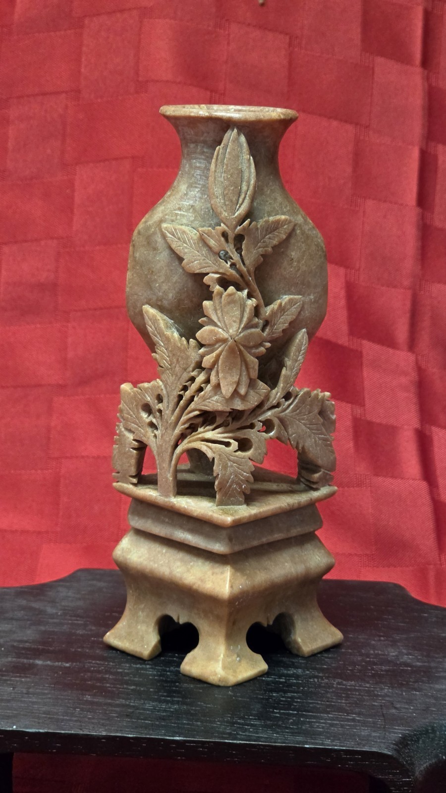Vintage Chinese Carved Soapstone Vase Floral Openwork Scholar Decor 6.5\
