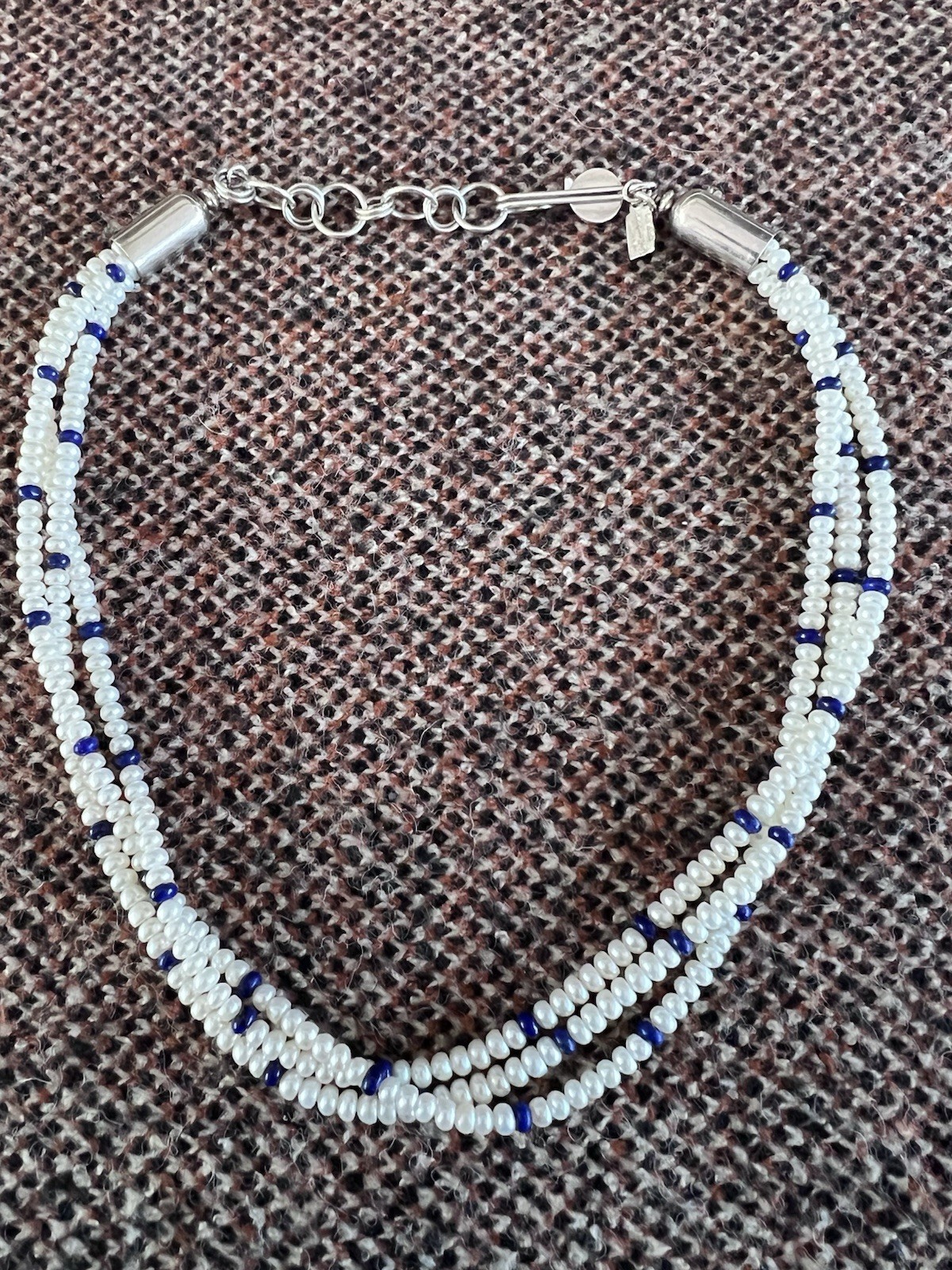 Navajo artist Artie Yellowhorse fresh water pearls and lapis and silver necklace Navajo artist Artie Yellowhorse fresh water pearls and lapis and silver necklace