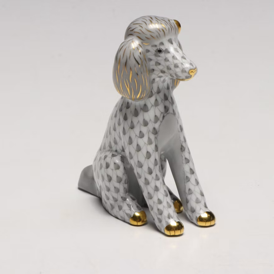 Herend Poodle Gray Fishnet Gold Bow Porcelain Figurine 16071 SVHG Hungary Herend Poodle Gray Fishnet Gold Bow Porcelain Figurine 16071 SVHG Hungary