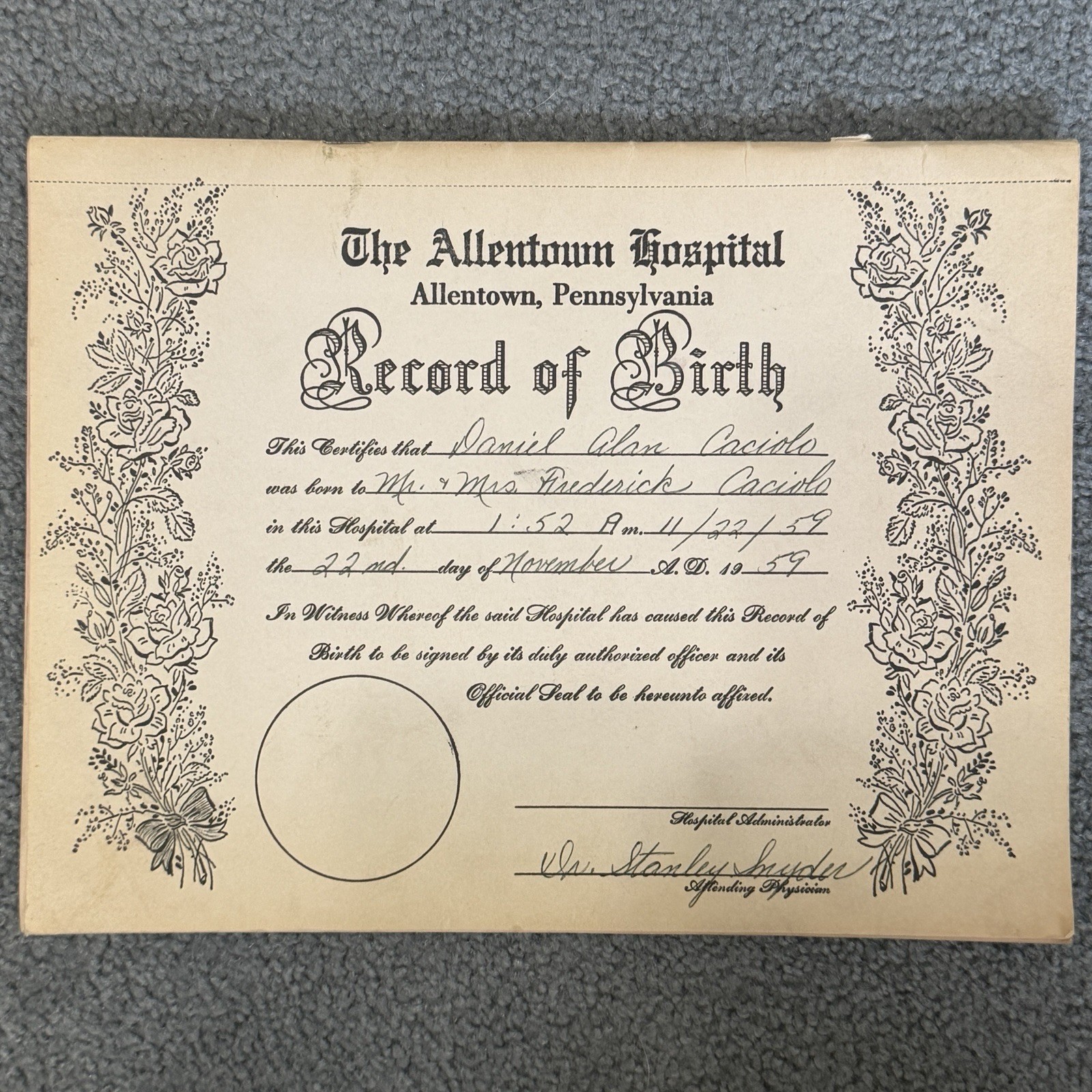 VTG 1959 Allentown Hospital PA Souvenir Birth Certificate Baby Magazine Caciolo