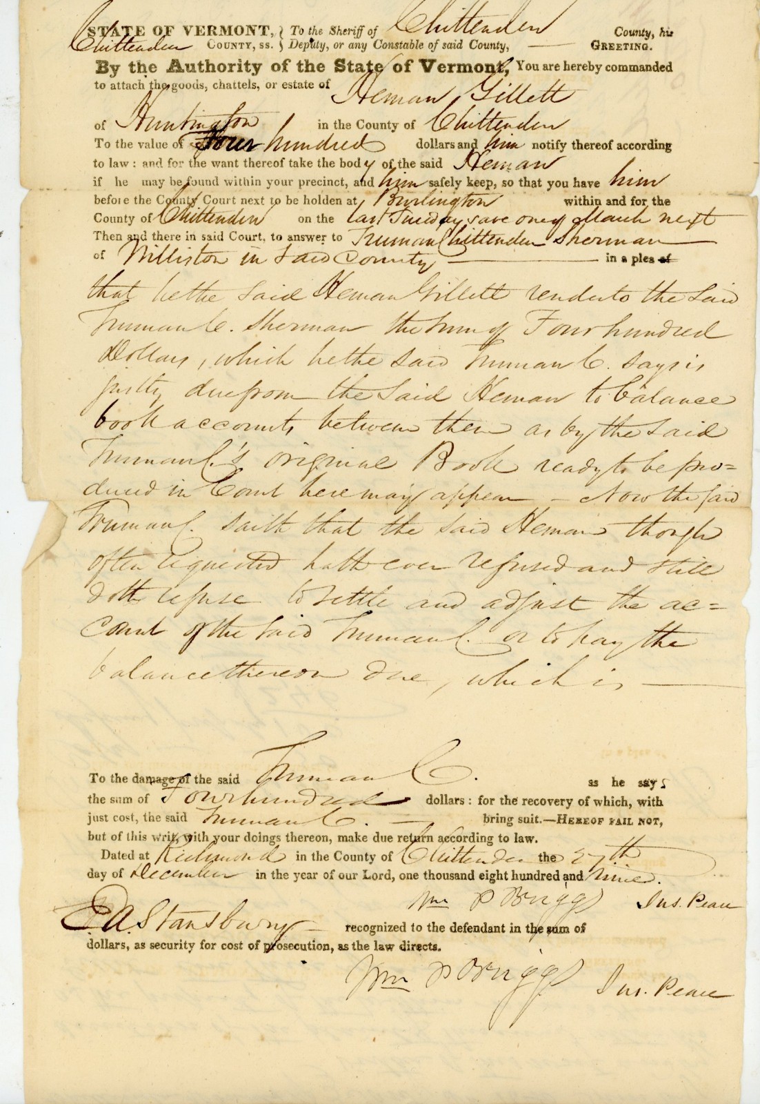 1839 Vermont Attachment Writ — Truman C. Sherman v. Heman Gillett, Chittenden Co 1839 Vermont Attachment Writ — Truman C. Sherman v. Heman Gillett, Chittenden Co
