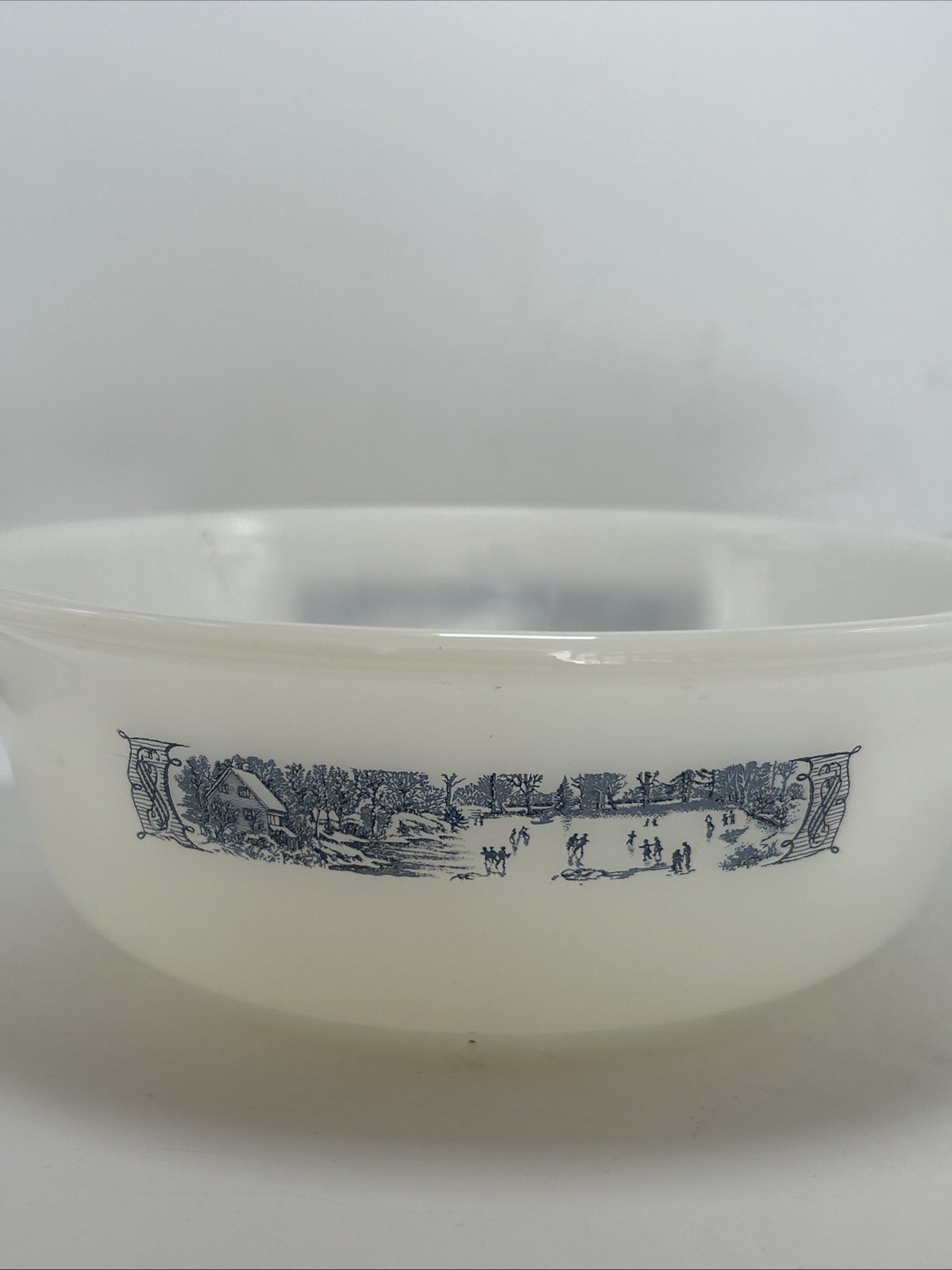 Vintage Currier & Ives Round Baking Dish W/Handles 