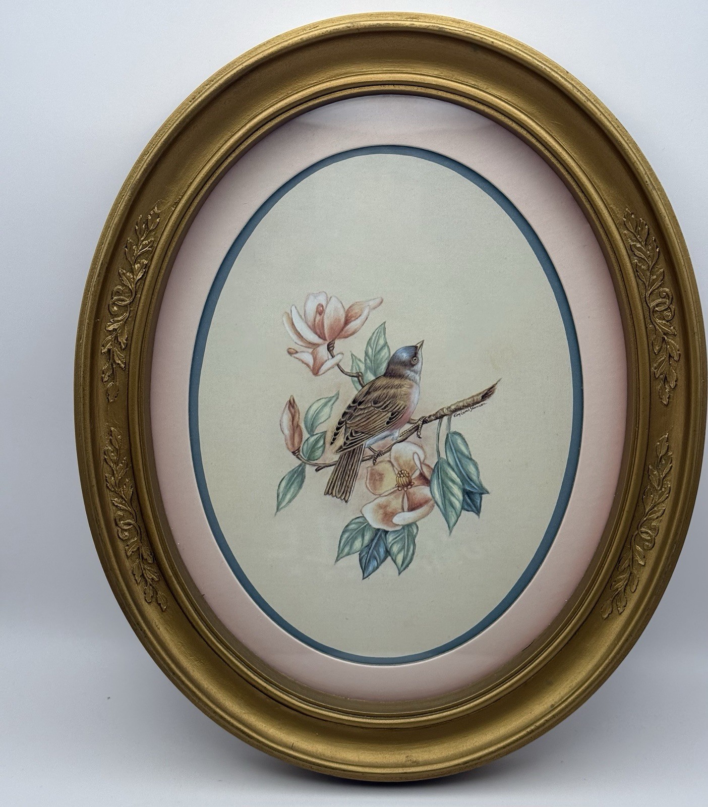 ⁠Vintage Homco Kay Lamb Shannon Bird Magnolia Print Oval Gold Frame Cottagecore⁠
