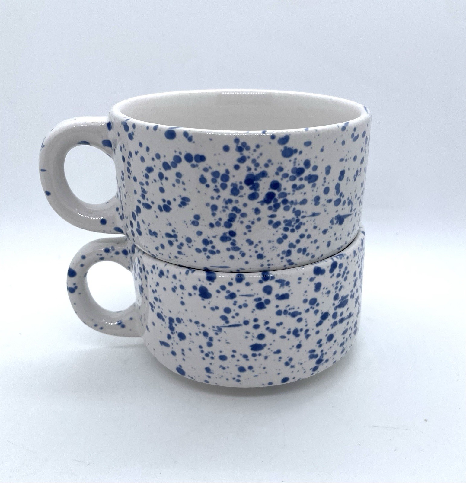 Vintage HF Houston Foods Stackable Blue Specked Soup Mugs Set Of 2 White/Blue