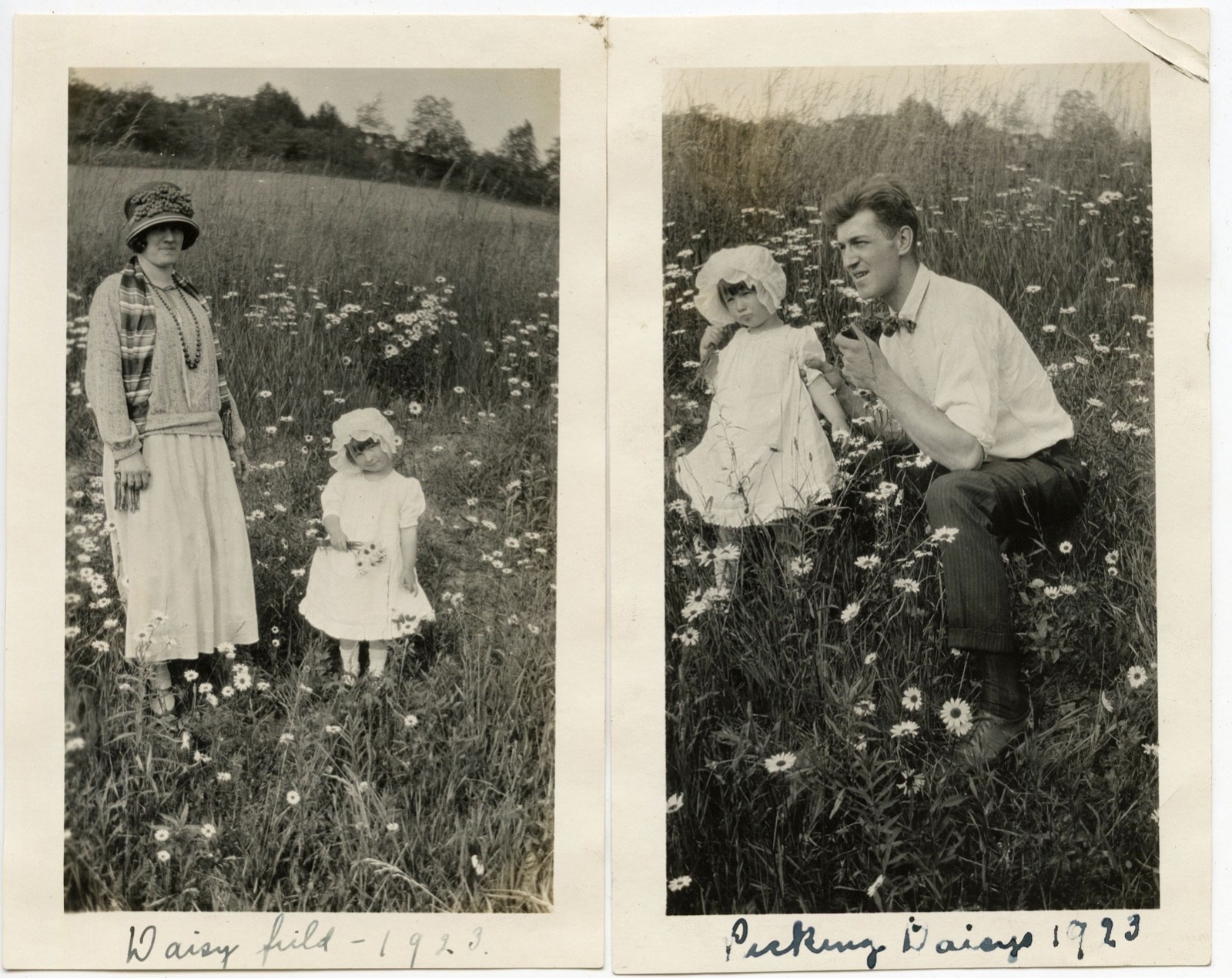 GIRL & PARENTS PICKING DAISIES DAISY FIELD 1923 FASHION VINTAGE SNAPSHOT PHOTOS