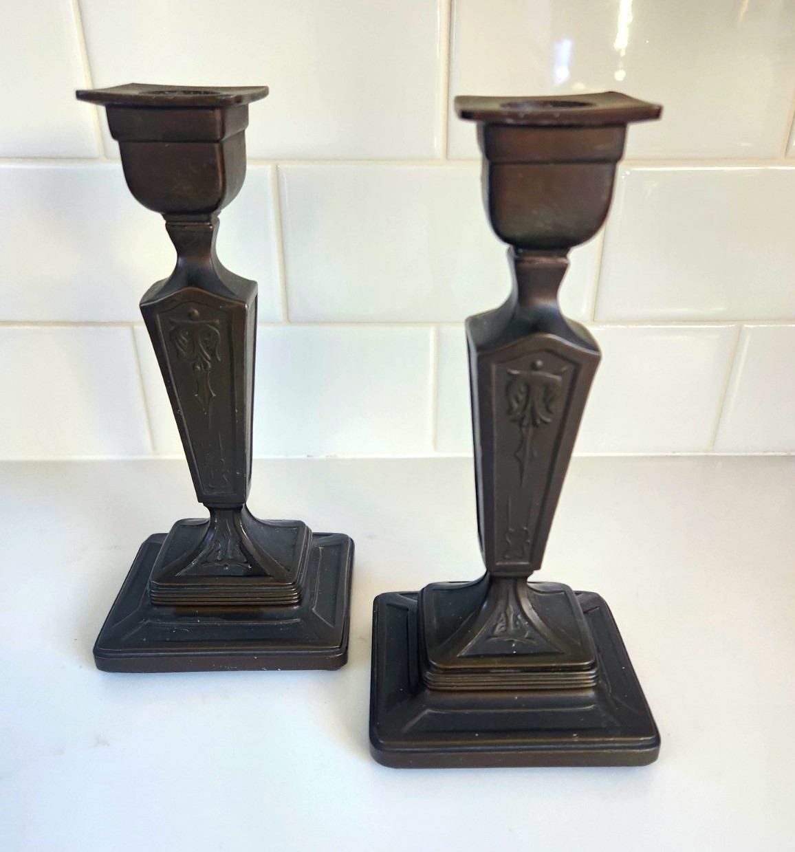 Authentic Antique Jennings Brothers Candlesticks JB 302 Art Nouveau Pair Patina