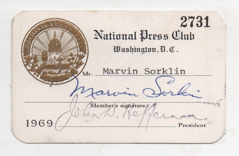 1969 National Press Club Card Washington DC Belonging to Marvin Sorkin