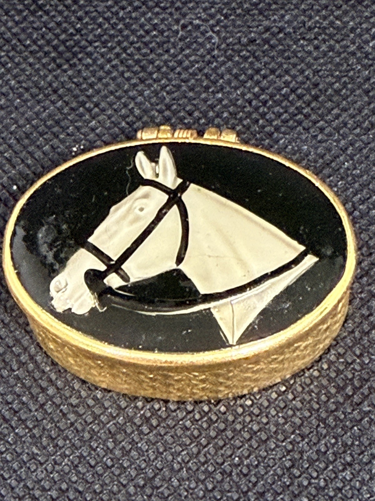 Vintage Horse Head Pill Box – Black & Gold-Tone Equestrian Design With Box 