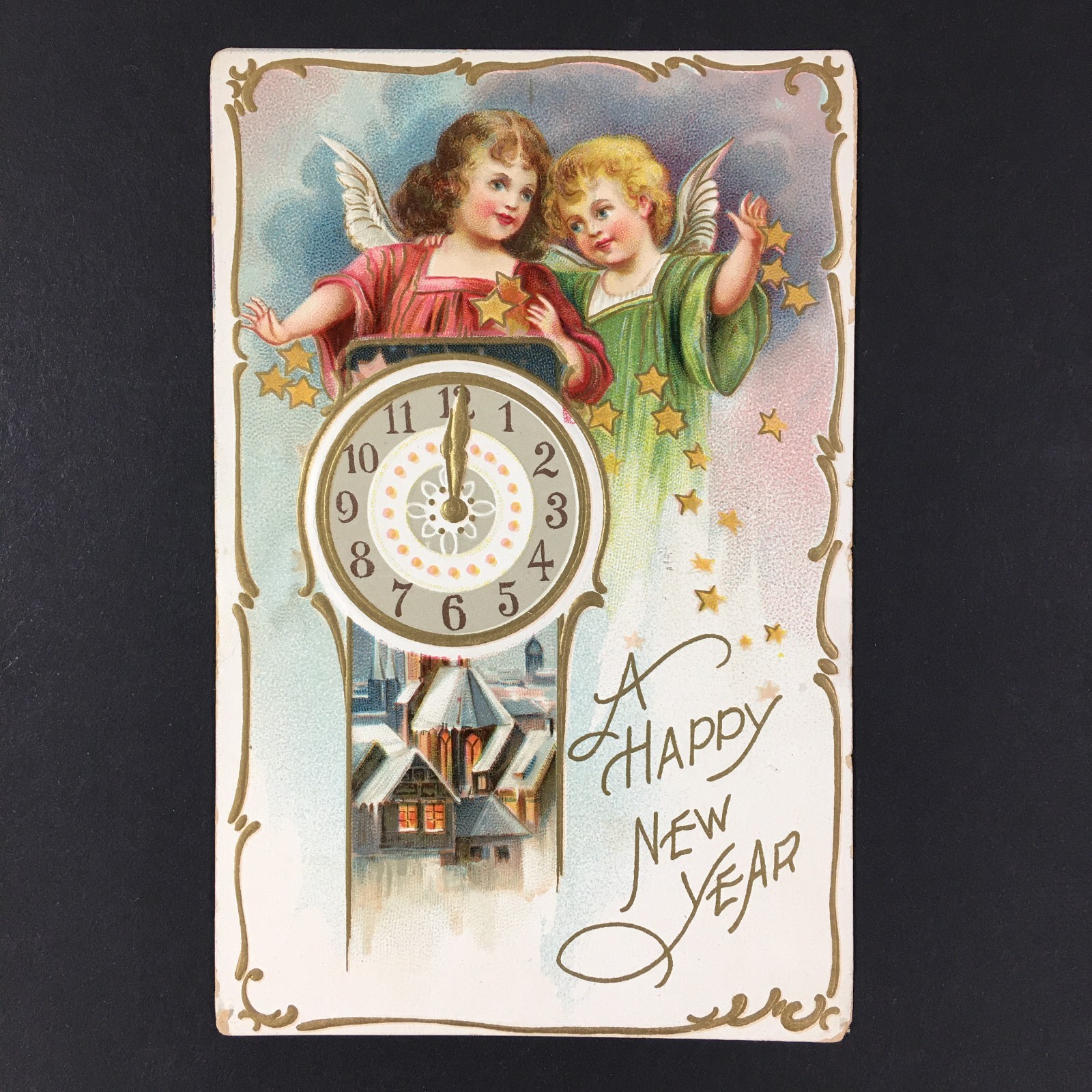 Tuck's Happy New Year Antique Postcard Posted 1910 Embossed Angels Clock Tuck's Happy New Year Antique Postcard Posted 1910 Embossed Angels Clock