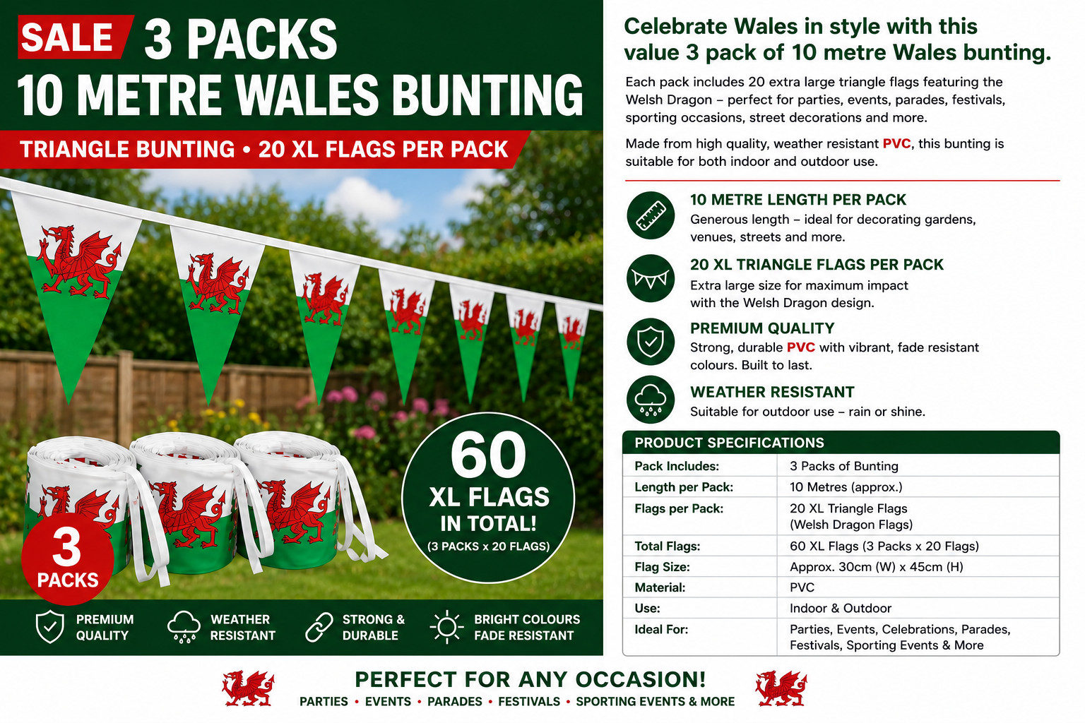 3 Packs Rugby Nations Championship 2026 Wales Cymru Triangle Flags Party Bunting
