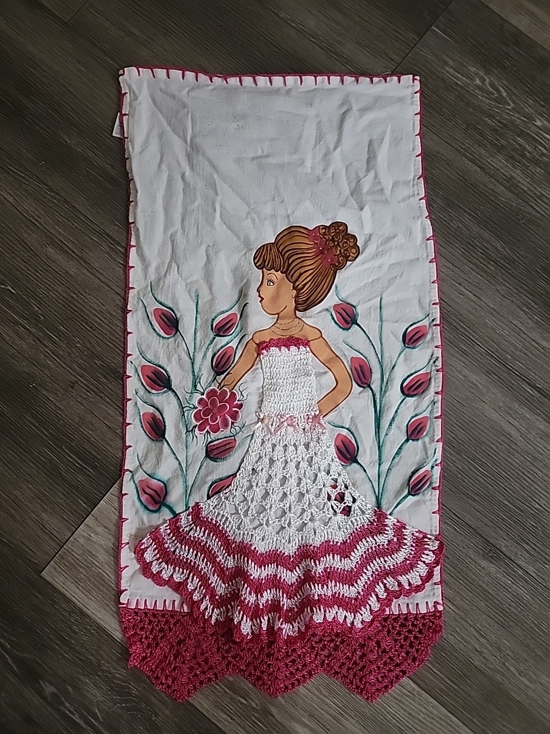 Vintage Athenas Doll Embroidery Crochet Dress Kitchen Tea Towel 28\ Vintage Athenas Doll Embroidery Crochet Dress Kitchen Tea Towel 28\