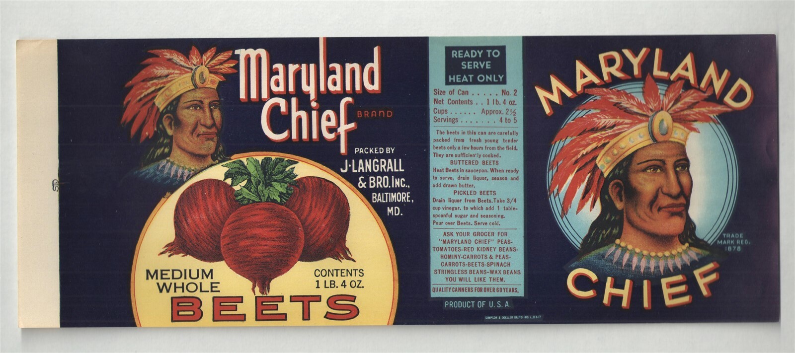 VINTAGE MARYLAND CHIEF BEETS { INDIAN GRAPHIC } UNUSED CAN LABEL LARGE 4.5