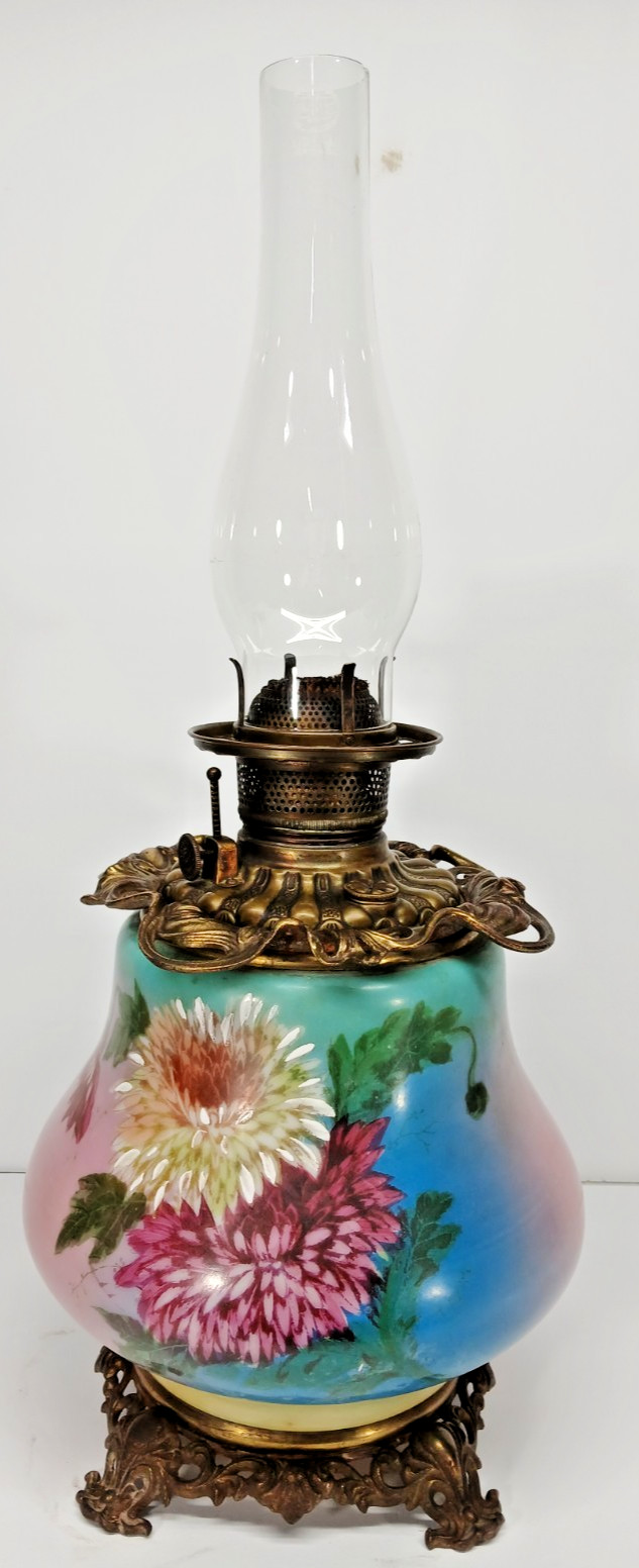 GORGEOUS ANTIQUE HAND PAINTED PORCELAIN OIL LAMP BASE FLORAL FLOWER DESIGN