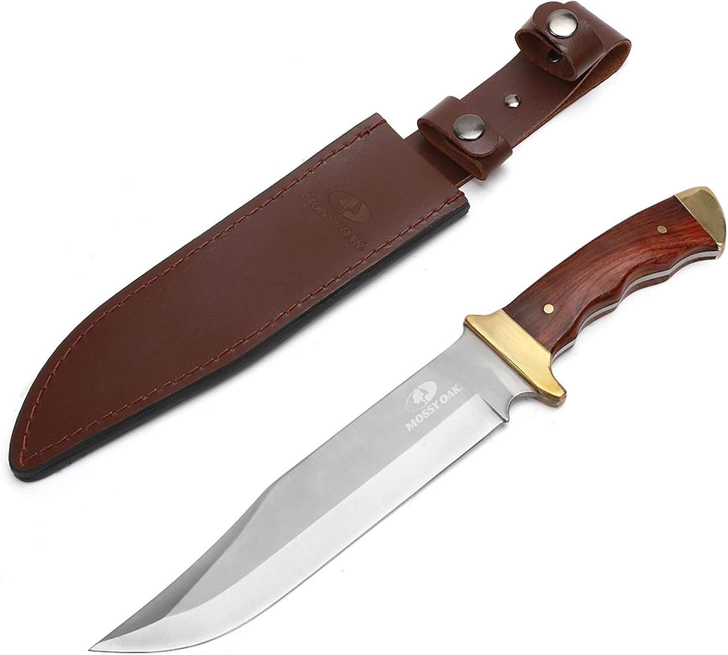 Mossy Oak 14-Inch Bowie Knife, Full-Tang Fixed Blade, Wood Handle, Leather Sheat Mossy Oak 14-Inch Bowie Knife, Full-Tang Fixed Blade, Wood Handle, Leather Sheat