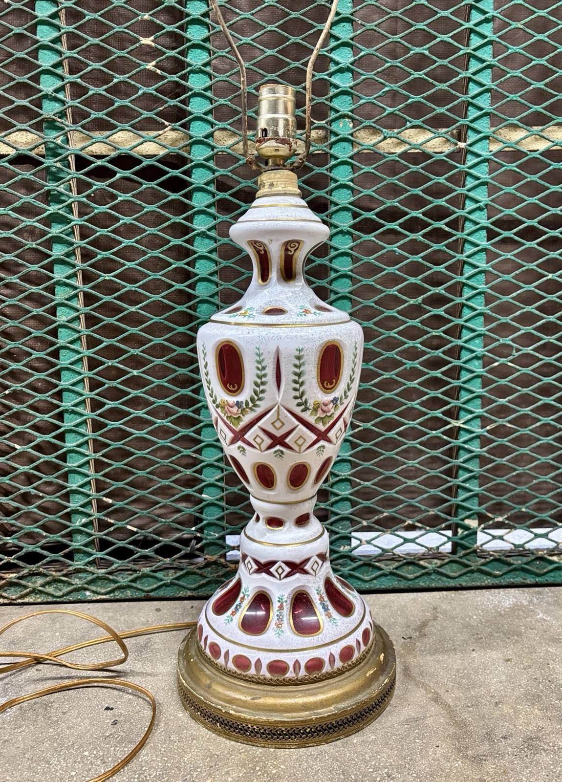 Vtg Bohemian Art Glass Table Lamp, White Cut To Cranberry, Hand Painted
