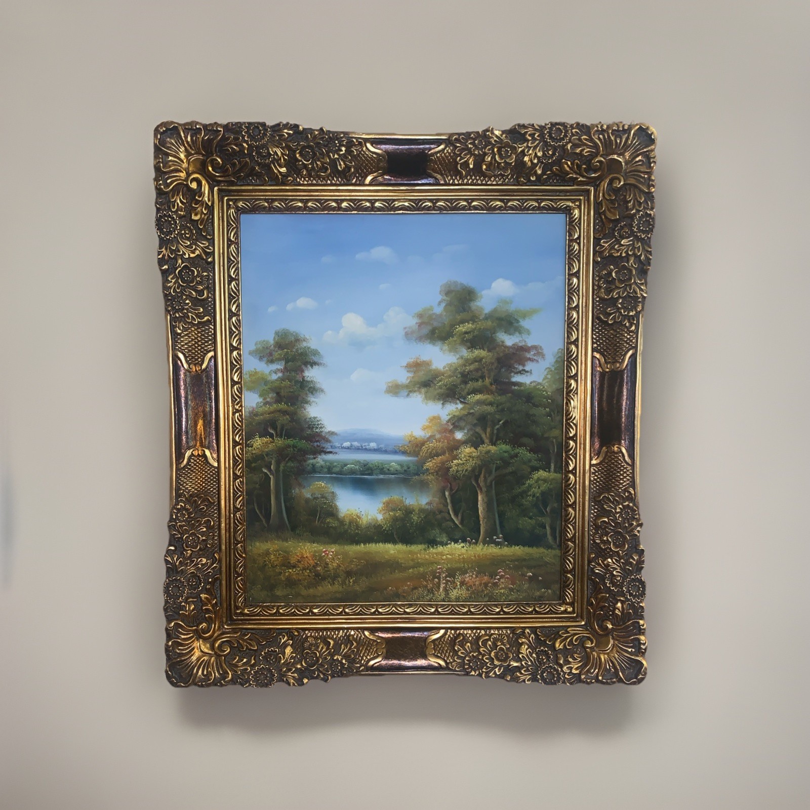 Ornate Large Frame & Hand Painted Oil On Canvas Nature, Painting Trees & Lake Ornate Large Frame & Hand Painted Oil On Canvas Nature, Painting Trees & Lake