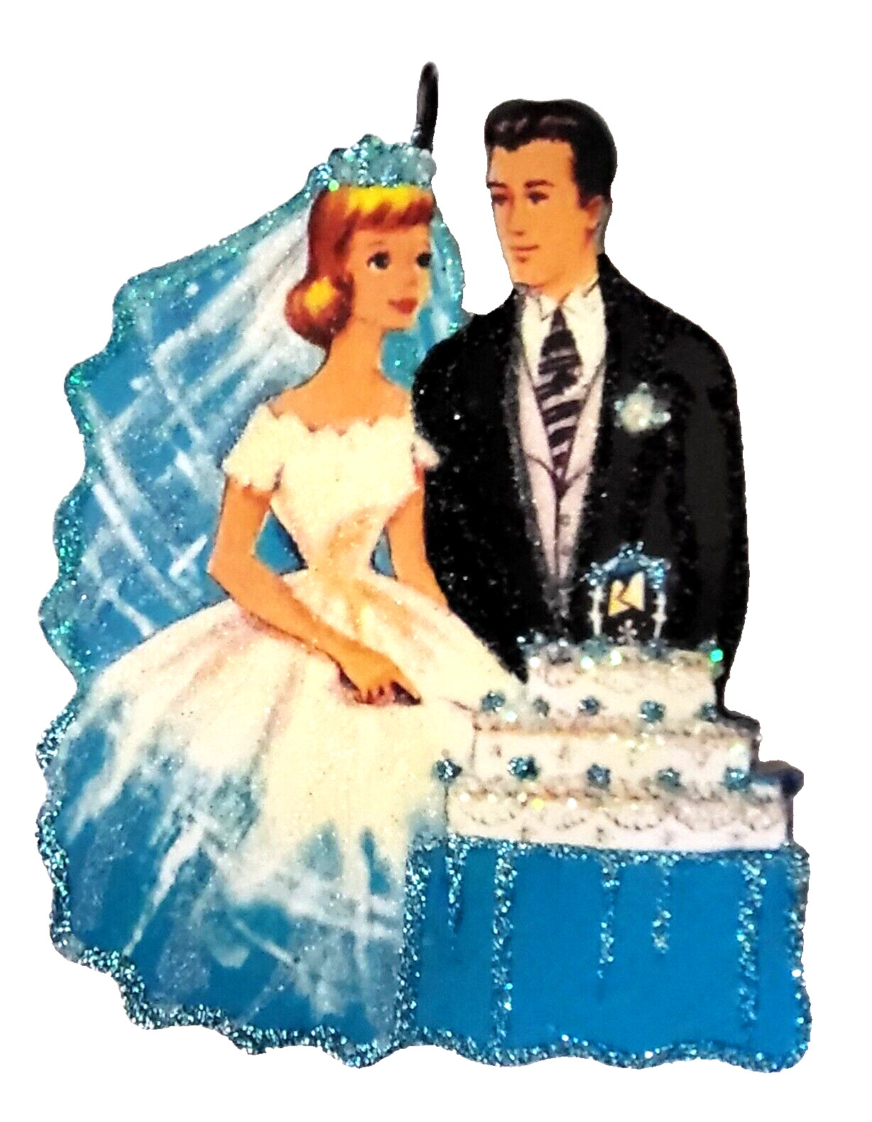 BRIDE & GROOM w/ CAKE,  WEDDING DAY  * Glittered WOOD ORNAMENT  *  VINTAGE IMAGE