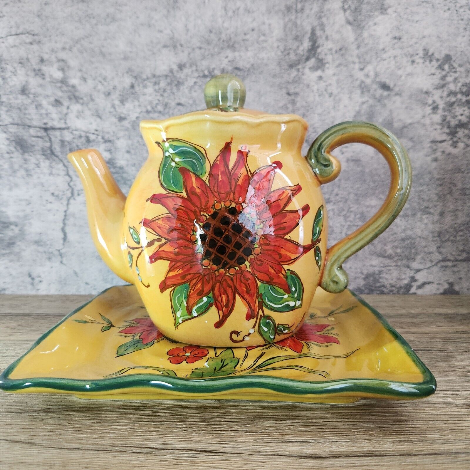 Sun Flower Tea Pot With Tray Hand Painted Red & Yellow Ceramic