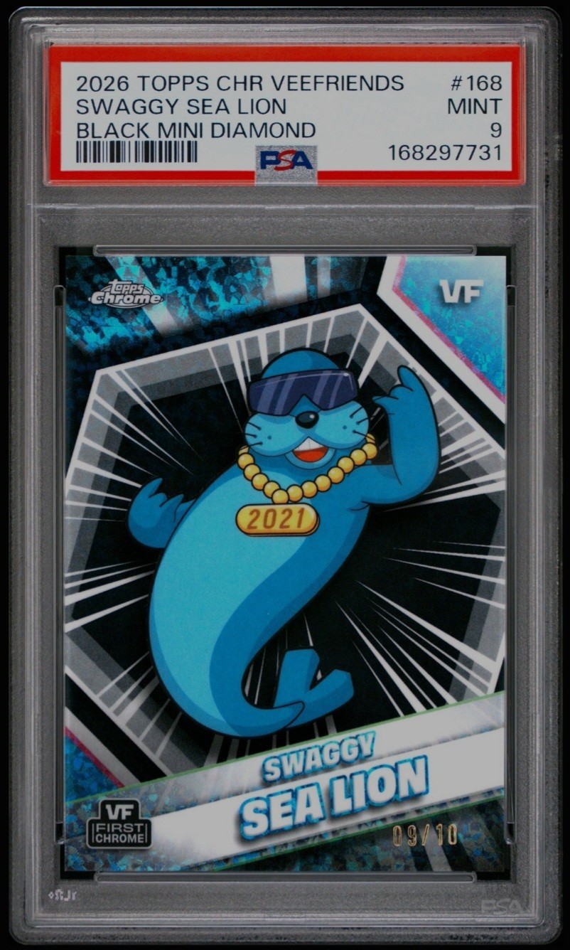 2026 Topps Chrome VeeFriends Swaggy Sea Lion BLACK MINI DIAMOND /10 #168 PSA 9
