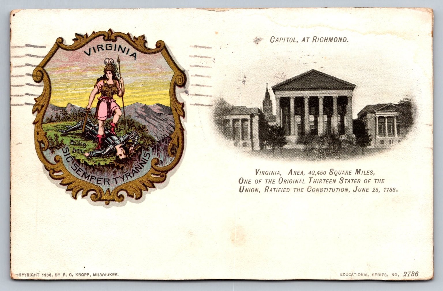 1906 Virginia State Seal Capitol Richmond VA Postcard E. C. Kropp 1939 Postmark 1906 Virginia State Seal Capitol Richmond VA Postcard E. C. Kropp 1939 Postmark