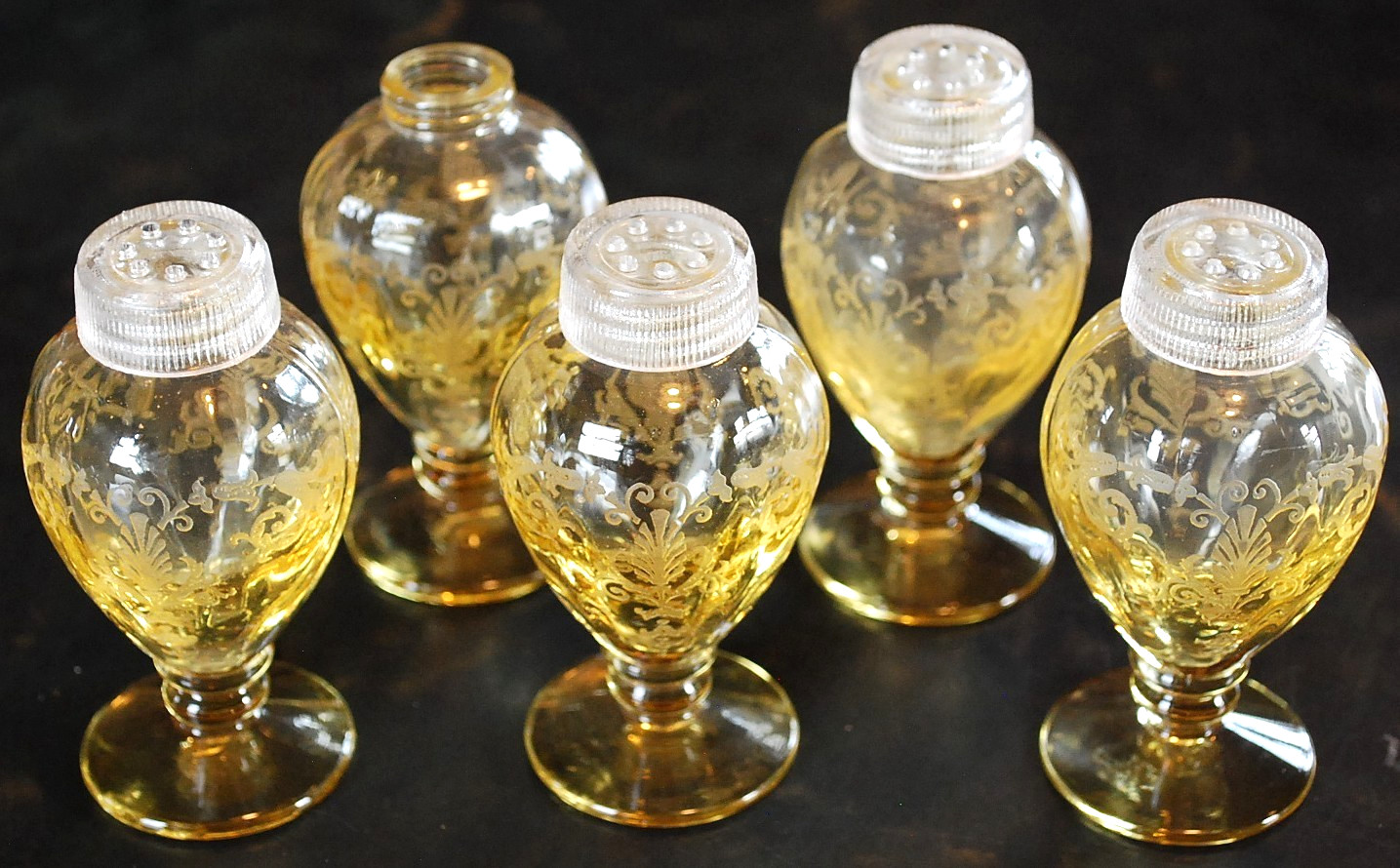 Vtg SET 5 Fostoria VERSAILLES TOPAZ SALT PEPPER SHAKERS Glass Lids ETCHED Footed