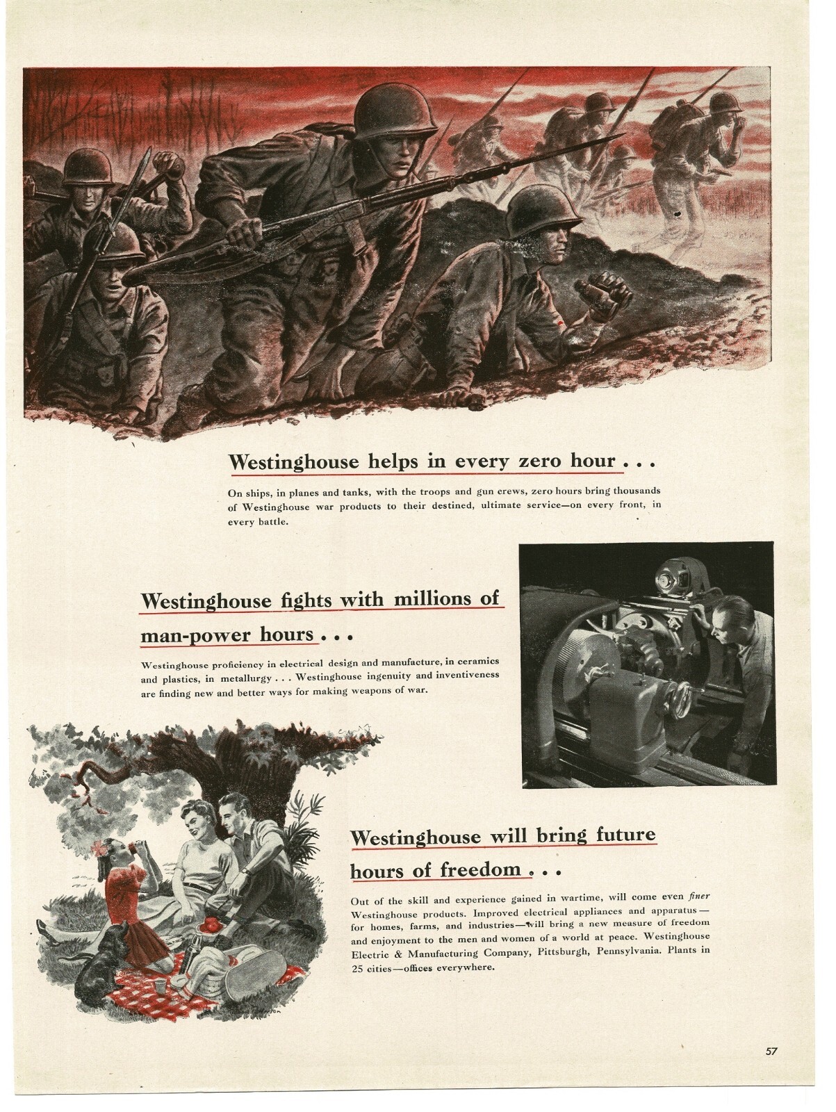 1943 Westinghouse Electric WWII Soldiers on Battlefield Vintage Print Ad