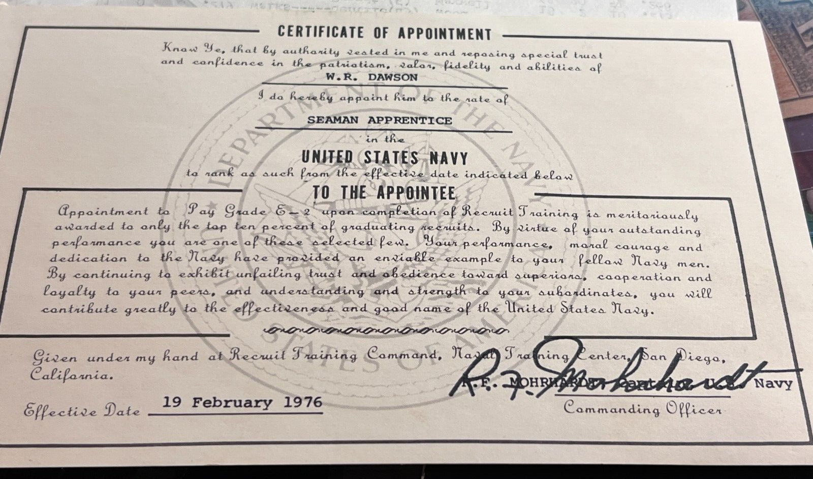 1976 United States Navy Cert of appointment Seaman Apprentice.