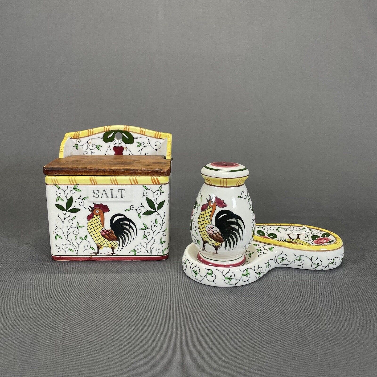 Ucagco Early Provincial Roosters and Roses Salt Box Spoon Rest and Shaker Farm