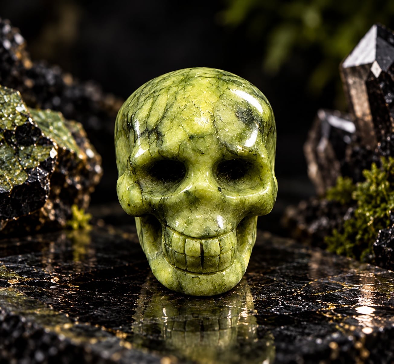 Hand Carved Green Serpentine New Jade Crystal Skull Spiritual Gemstone Sculpture