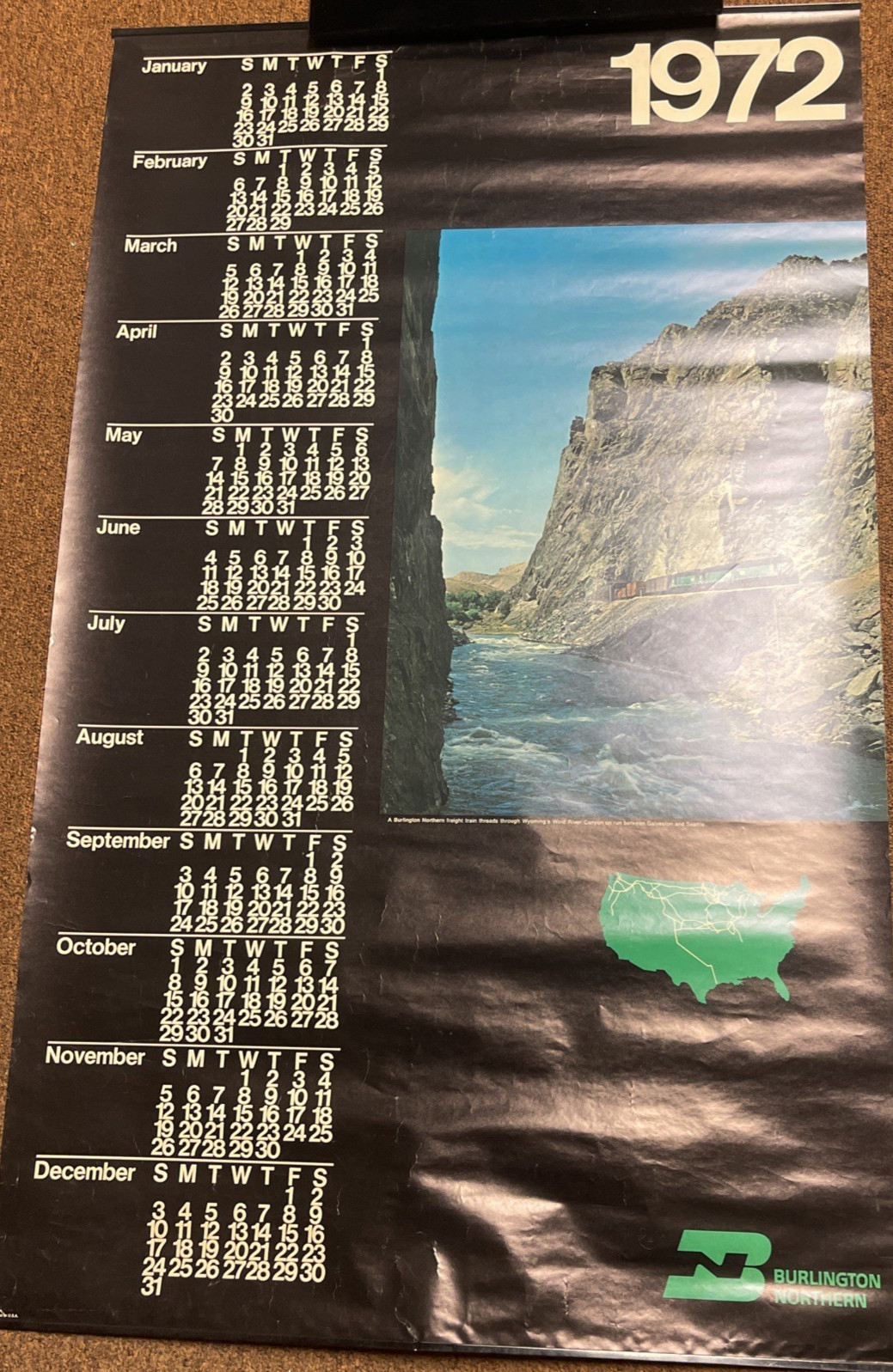 Large 1972 Burlington Northern Railroad Calendar Wyoming Wind River Canyon Large 1972 Burlington Northern Railroad Calendar Wyoming Wind River Canyon