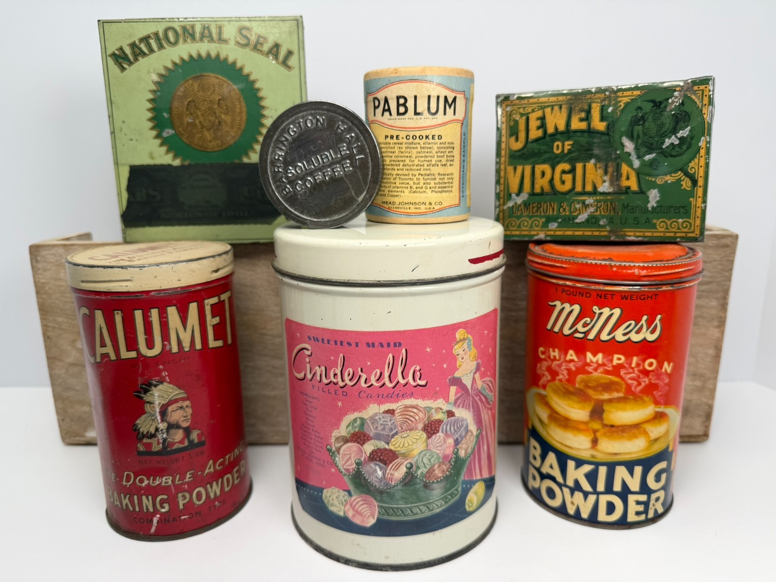 Vintage Advertising Tin Lot Cinderella Calumet McNess Jewel of Virginia Pablum Vintage Advertising Tin Lot Cinderella Calumet McNess Jewel of Virginia Pablum