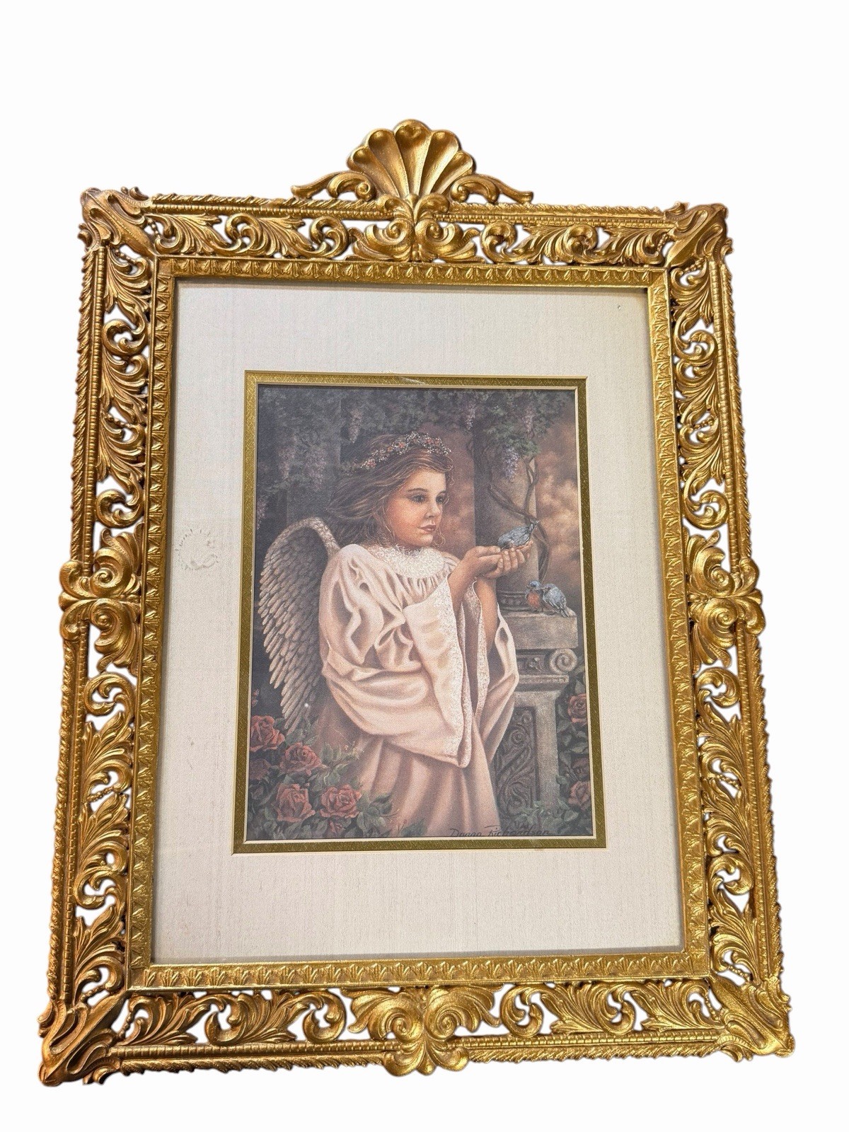 VTG Framed  Art Print Of Angel Holding Bird Ornate Mated Gold Tone Metal Frame