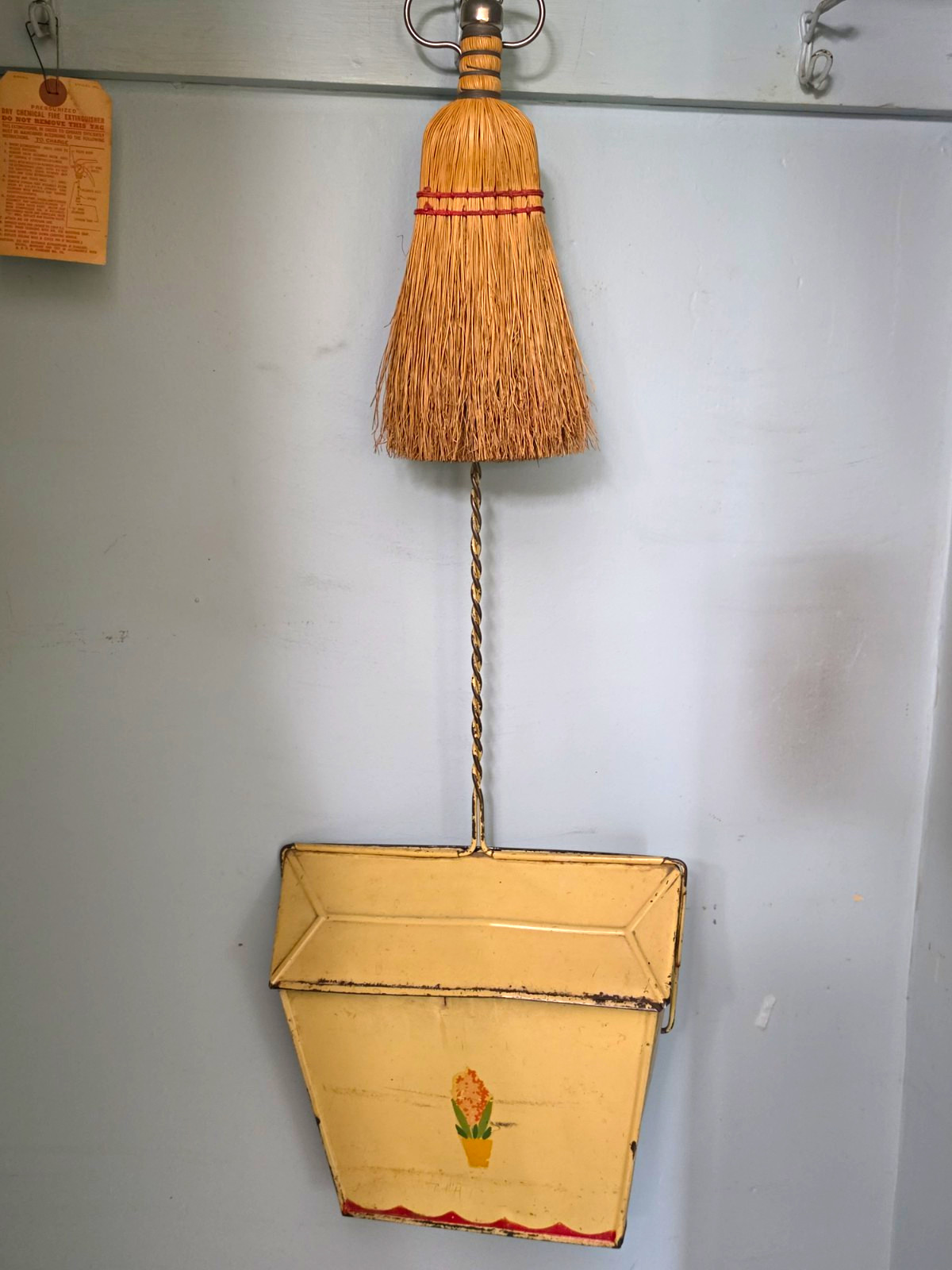 vintage 1930s–50s long-handle metal dustpan and whisk broom 