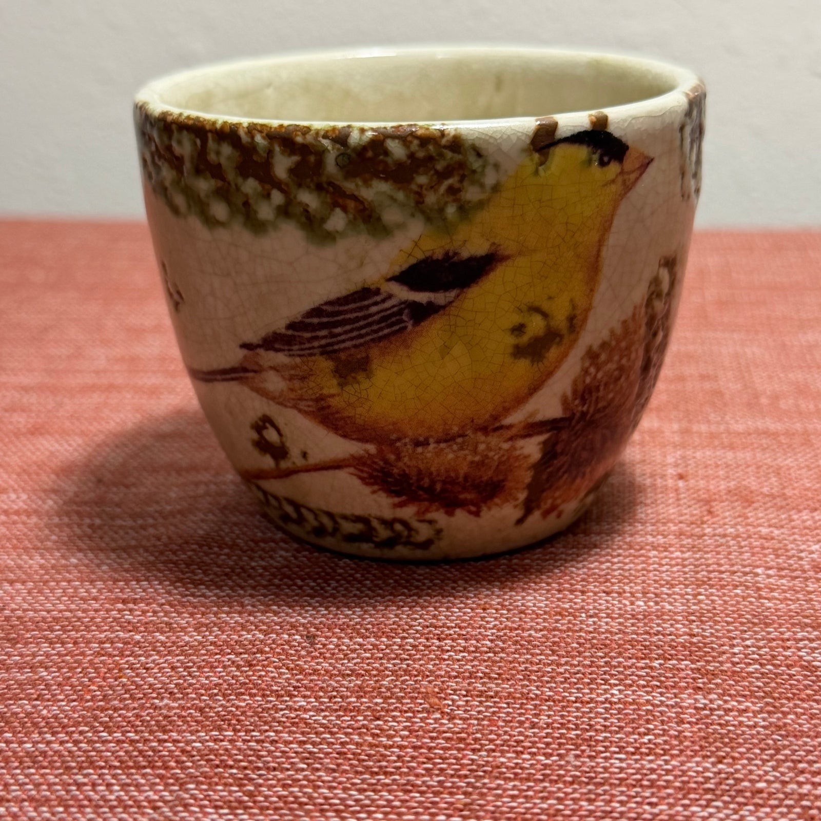 Vintage Mid-Century Otagiri Style Speckled Stoneware Yellow Finch Bird Mug Cup